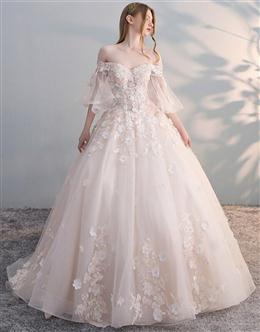 Picture of Charming Flowers Lace Off Shoulder Ball Gown Wedding Party Dresses, Tulle Long Formal Dresses